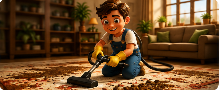 Kid cleaning a carpet in a cozy living room